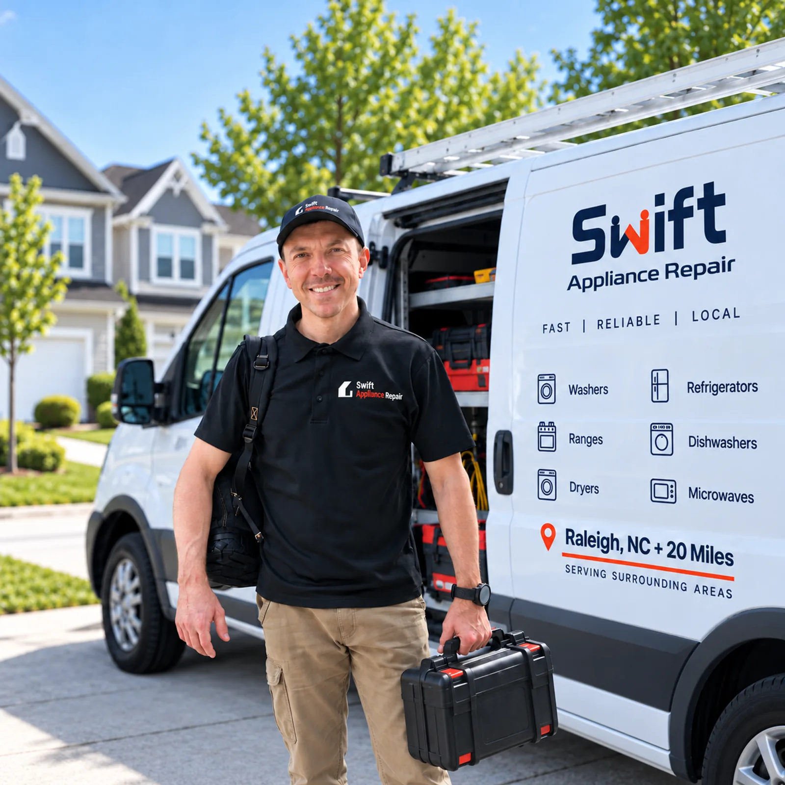 Swift Appliance Repair technician with tools next to the company service van